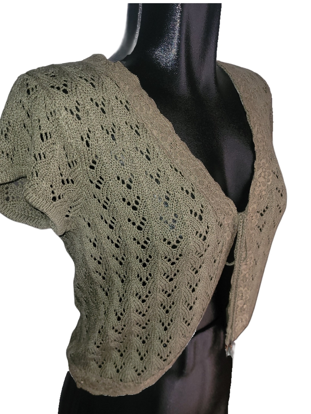 Vintage 90's Taupe-Olive Open Knit Tie-Front Short Sleeve Bolero Top Size M - Picture 2 of 6